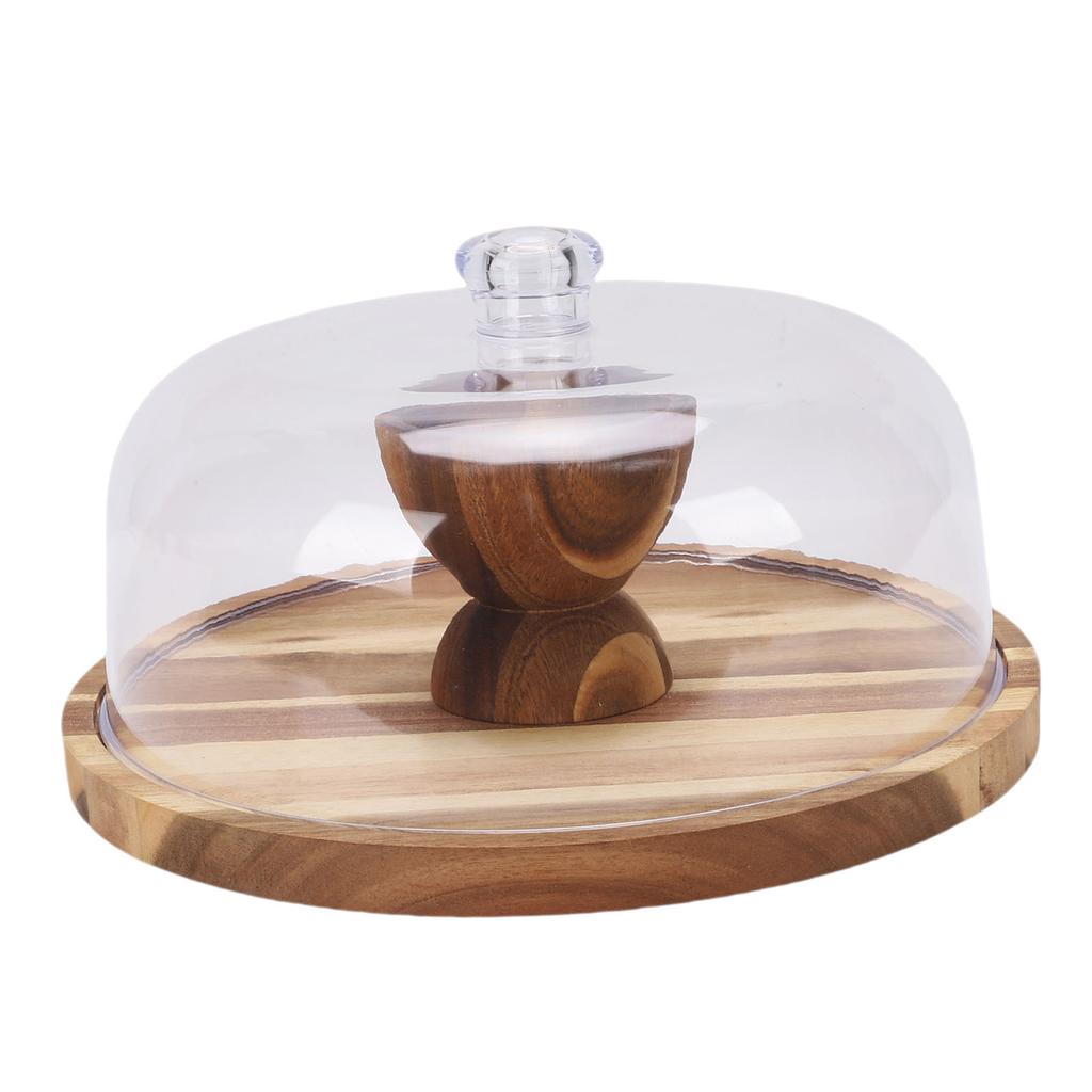 Wood Cake Stand Multi Function Round Cake Plate with Transparent Lid for Fruits Desserts Cheese