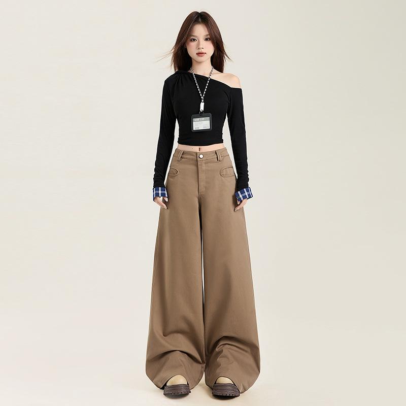 Women Khaki Wide Leg Pants Maillard Style Spring Autumn Loose Straight Draped Floor Length Casual Trousers