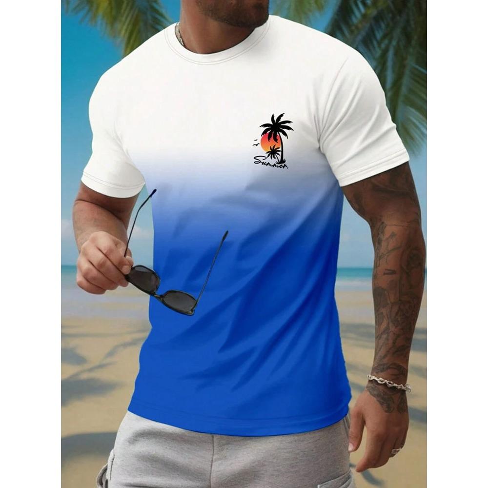 Sommer Freizeit Farbverlauf Kurzarm Oberteil Hawaiianische Herrenmode T-Shirt Outdoor Strandshorts Zweiteiliges Set