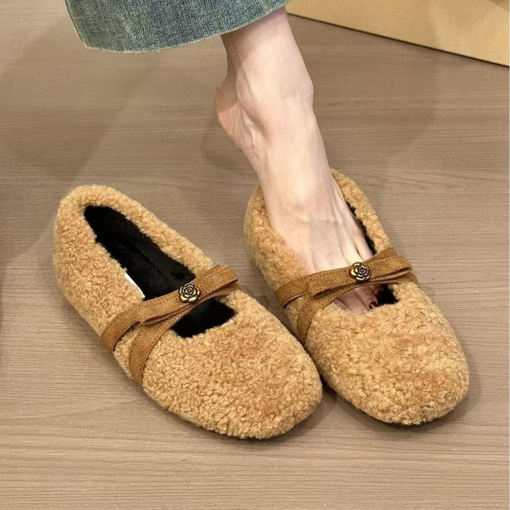 2025 lamb wool solid color single shoes French casual style autumn and winter Korean version Doudou cotton shoes cotton shoes Mao Mao shoes