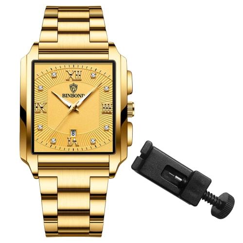 Seiko Men's Watch: Square Dial, Upgraded Waterproof Quartz Watch, Stainless Steel, Adjustable, Gold, for Business and Everyday Use