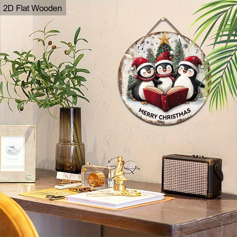 Christmas decoration sign,indoor hanging decorations,2D flat Wooden products with The pattern is three penguins wearing Christmas hats,Christmas gift