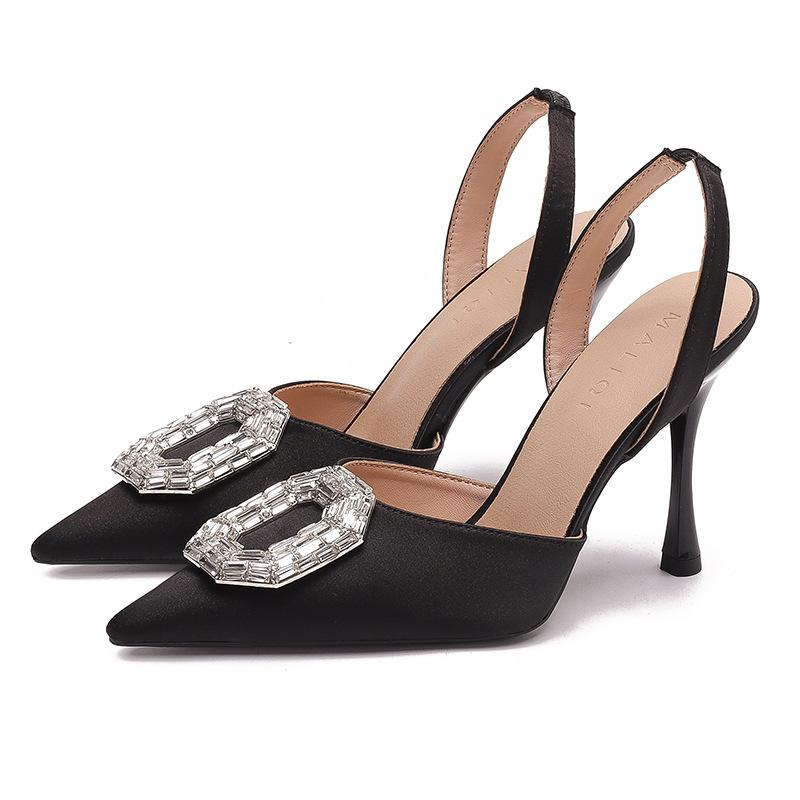 [Spot] High-end Black High Heels for Women's 2025 New Sexy Rhinestone Temperament Bag Head Sandals Stiletto