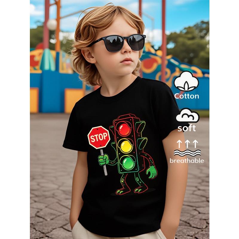 European Sizes Boys' Breathable Short Sleeve T-Shirt WithTraffic Light Stop Sign Cartoon Character Graphic Print - Round Neck Casual Summer Shirt