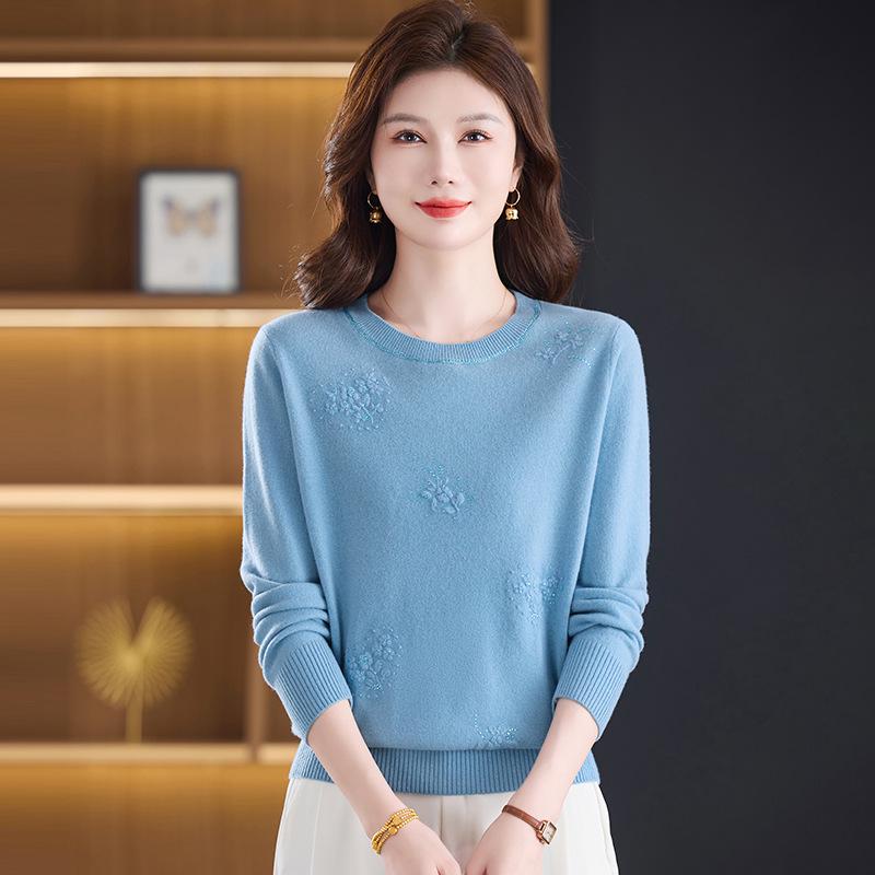Autumn/Winter 100% Pure Wool Sweater for Mature Women - Knitted Base Layer with Stylish Embroidered Half-High Neck