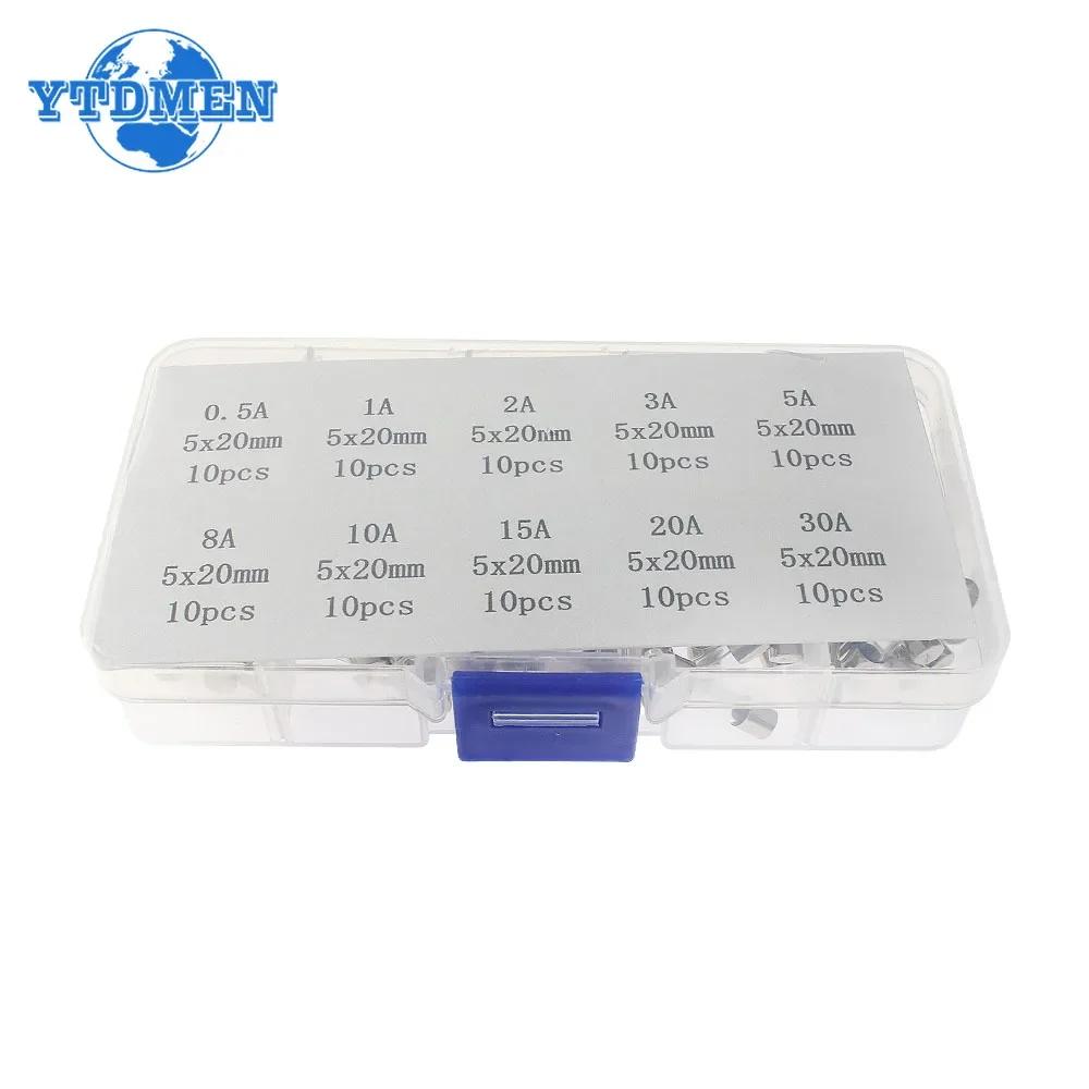 100pcs 5x20mm Glass Tube Fuse Assorted Kit 0.2A 0.5A  1A  2A  3A  5A  8A  10A  15A  20A 30A 250V 5*20mm Quick Blow Fuse with Box