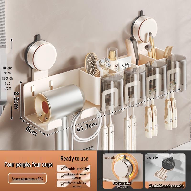 Wall-Mounted No-Drill Bathroom Stand: Electric Toothbrush & Hair Dryer Holder with Mouthwash Cup