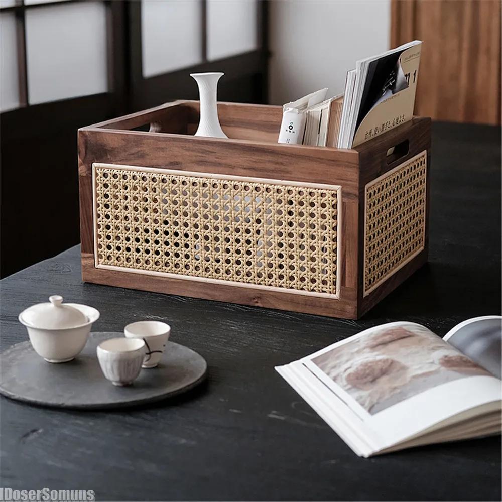 Retro Luxury Kitchen Desktop Solid Wood Storage Box Rattan Basket Book Snacks Cosmetics Organizer Home Appliance