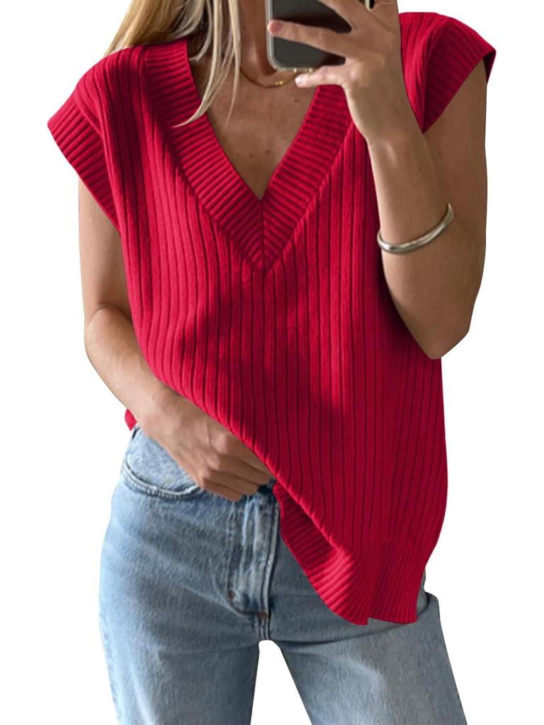 2025 New European & American Women's V-Neck Short-Sleeve Knitted Top - Versatile Loose Sweater In Solid Color