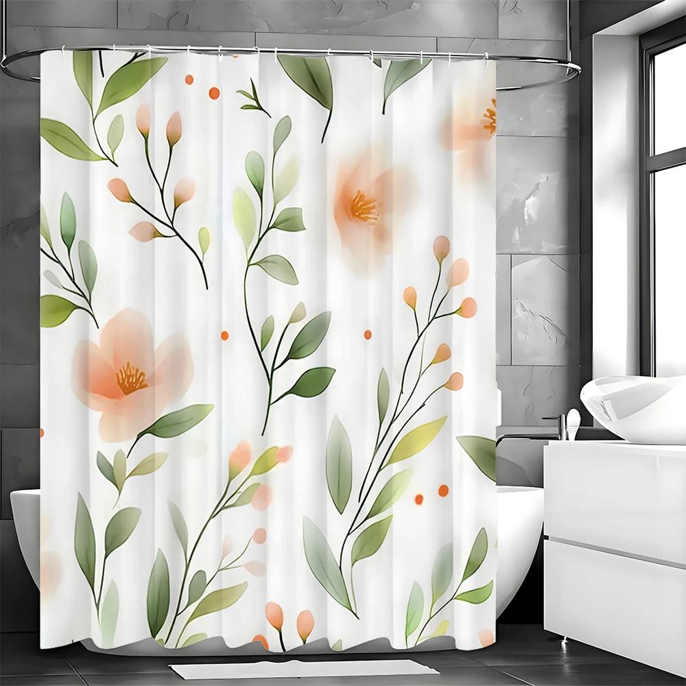 Spring Orange Floral Green Leaf Shower Curtain, Bathroom Decorative Shower Curtain, Waterproof Shower Curtain with Hooks