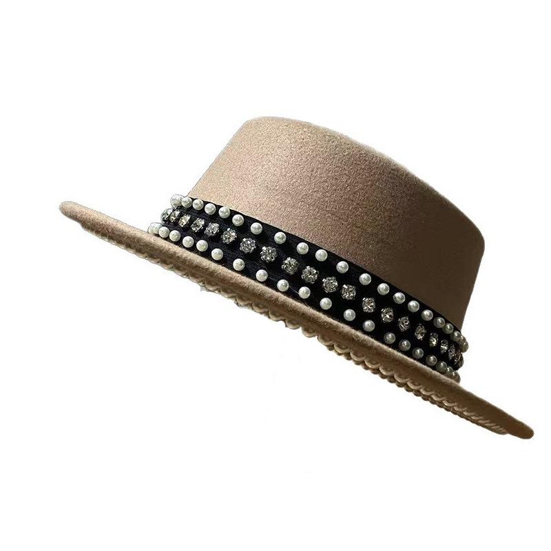 European Beautiful Woman New Autumn and Winter Imitation Woolen Hat Big Brim Jazz Top Hat Men's Flat Top Shape British Pearl Rhinestone Felt Hat