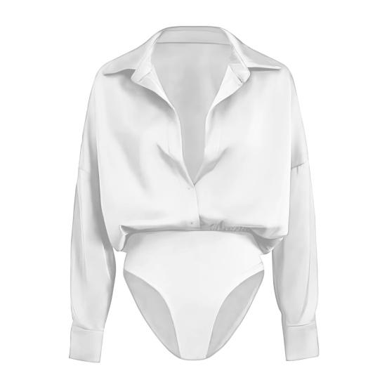 

Women s Office Blouse Bodysuit Top Button Down Lapel Long Sleeve One Piece Work Shirt Casual Loose Fit Business Tops S білий