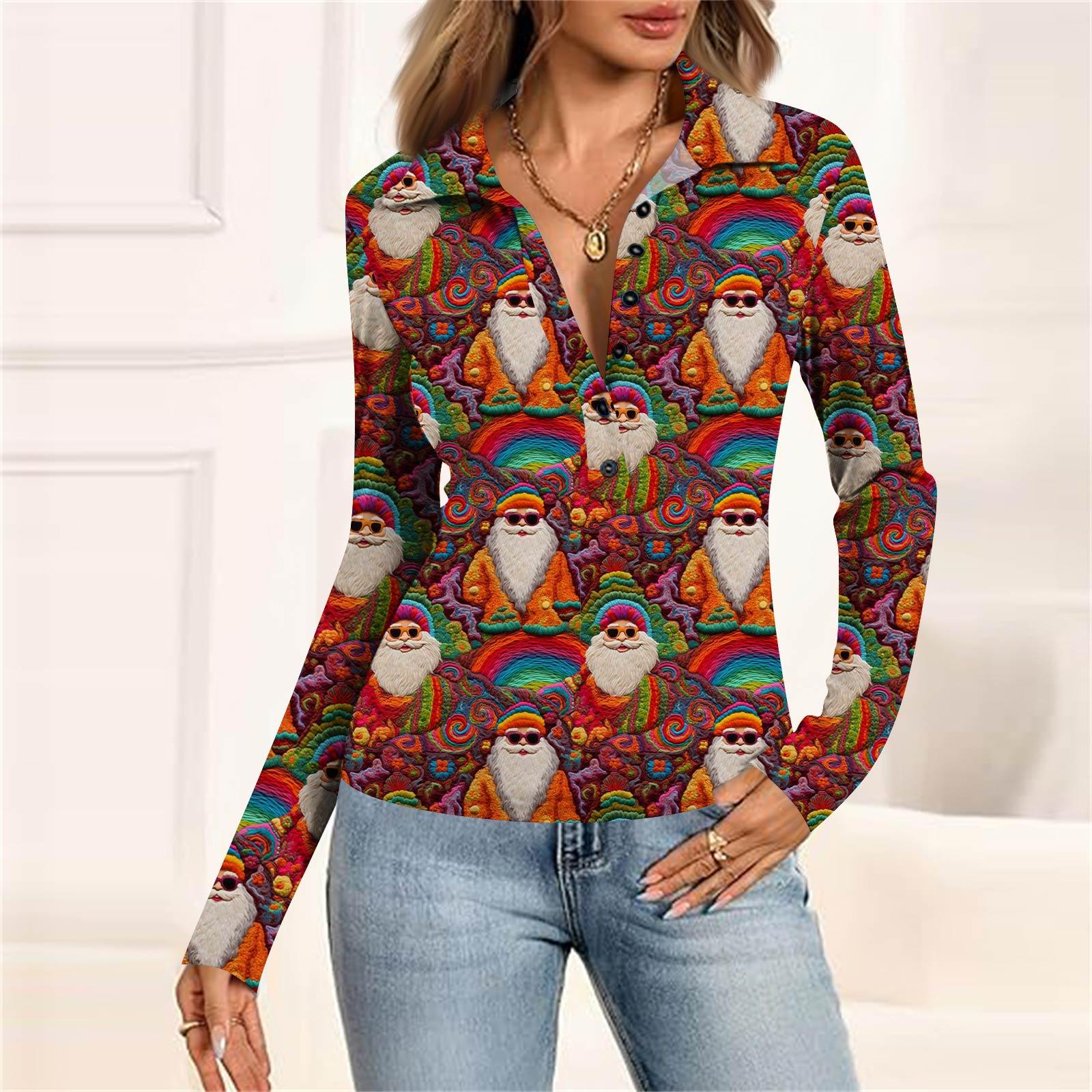 

Женская мода Повседневный принт V-образный вырез Длинный рукав Застегивающаяся на пуговицы блузка XL винный