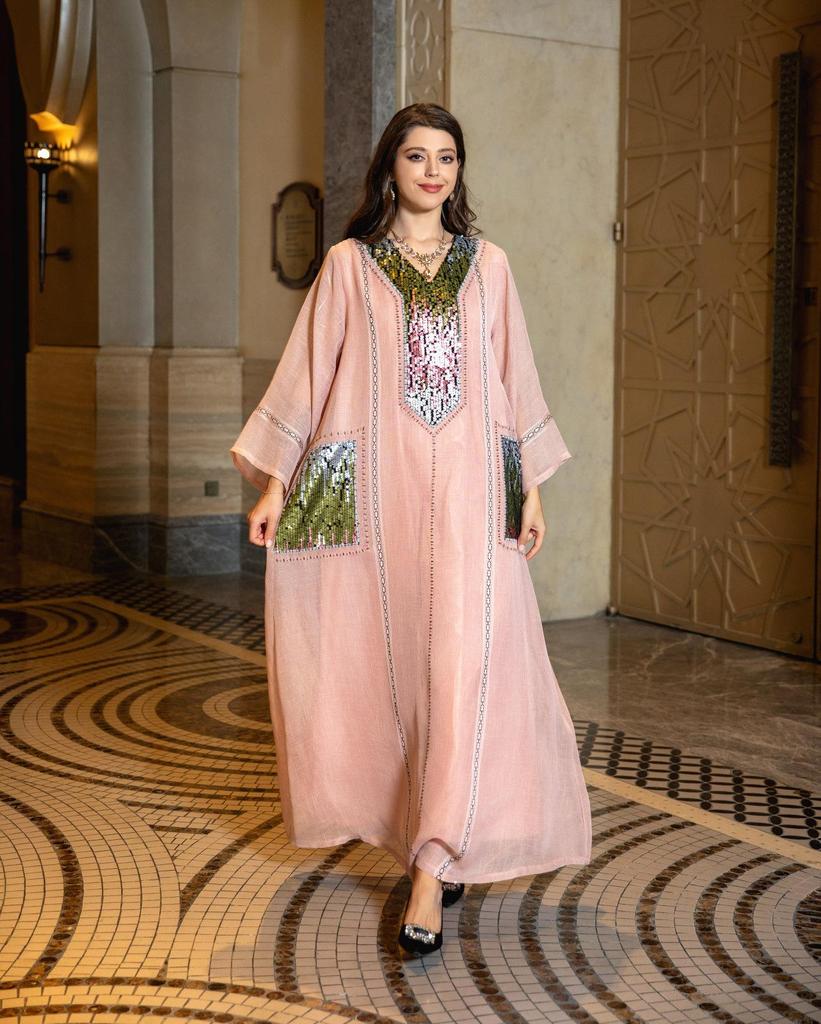 AB053 Dubai Beaded Sequin Jalabiya: Women's Embroidered Long Robe for Eid al-Fitr.