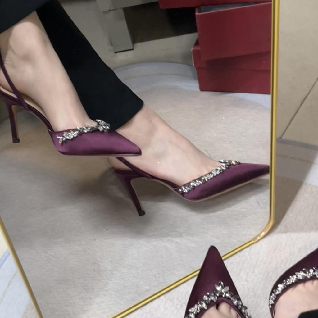 Baotou sandals women's new purple pointed rhinestone thin heel with high heels two wear summer wear women