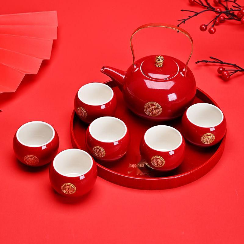 Red Chinese Wedding Tea Set: Complete Gift with Bride's Dowry Tray & Teapot