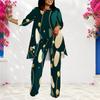 Women Plus Size Round Neck Long Sleeve Printed Layered Top And Long Pants Two Piece Set