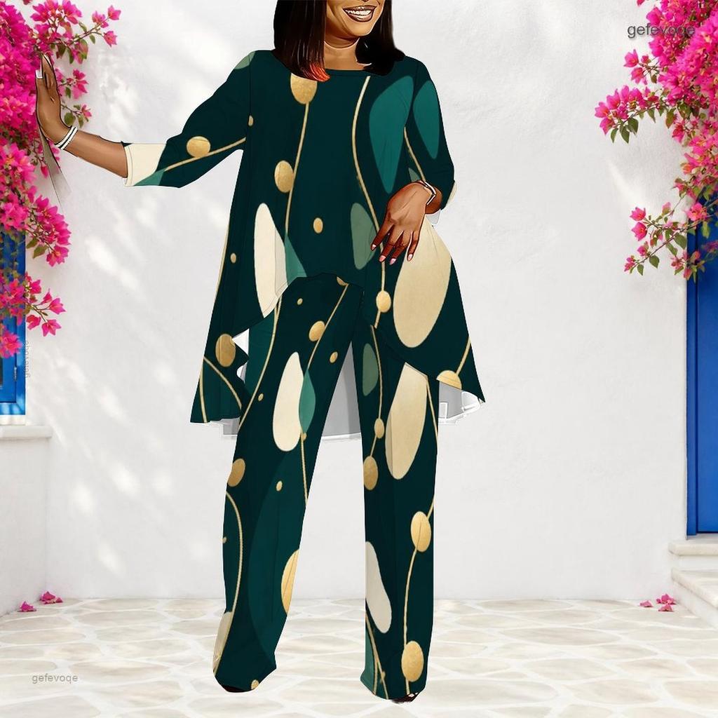 Women Plus Size Round Neck Long Sleeve Printed Layered Top And Long Pants Two Piece Set