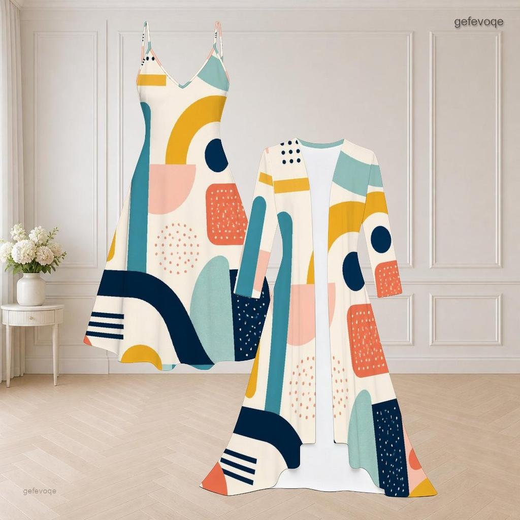 Women Plus Size Two Piece Outfit Printed Strappy Flared Dress And Long Sleeve Open Front Cardigan