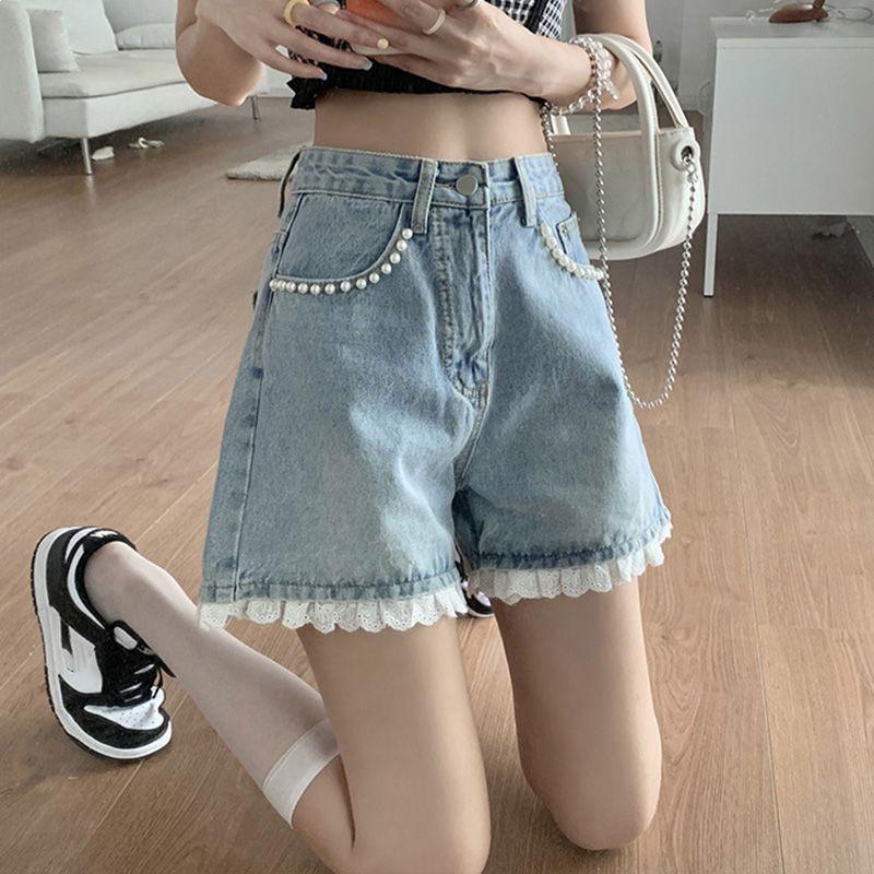 

Summer Lace Trim High-Waisted Denim Shorts - Sweet & Spicy Loose Fit for Women XS (Recommended 75-84 jin) светло-синий