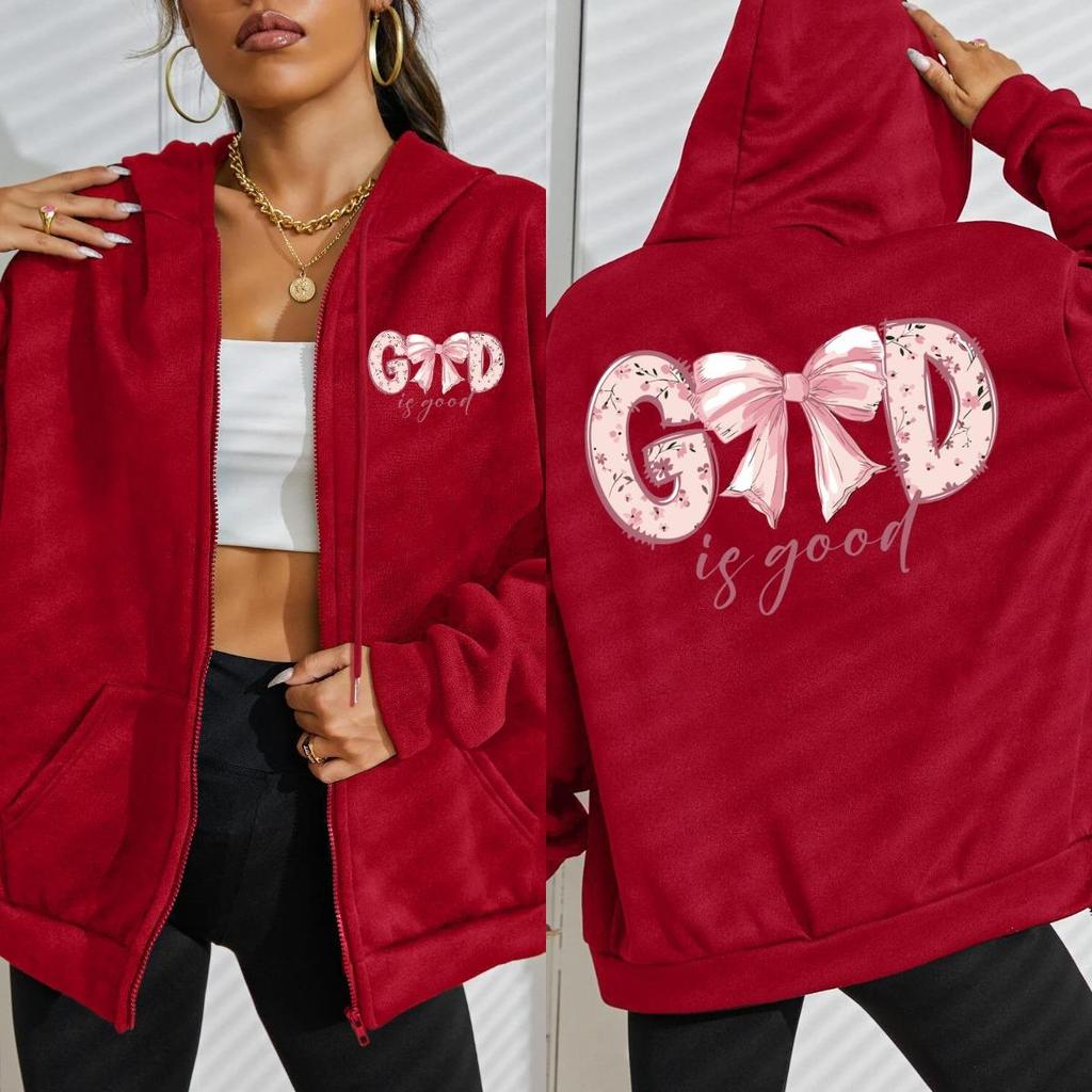 God Is Good Pink Beautiful Flower Bow Print Zipper Hoody Woman Casual Loose Hoodie Street Fleece Streetwear Clothing