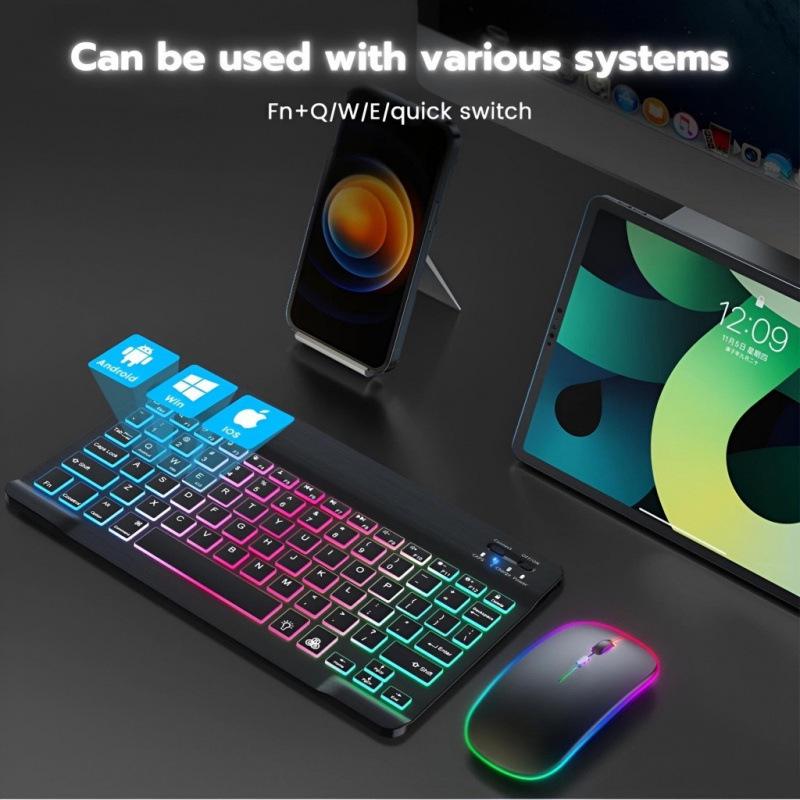 Russian Backlit Bluetooth Keyboard and Mouse, Compatible with iPad, Phones, Tablets, featuring Spanish and Arabic Layout with Seven-Color Lighting.