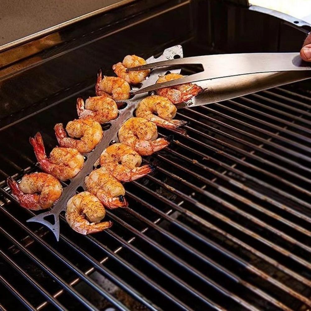 2PCS Stainless Steel Roaster Fork Reusable Barbecue Skewers Creative Fish Bone Skewers  BBQ Net