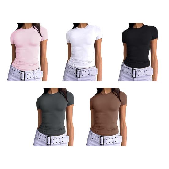 Women T-shirt Round Neck Short Sleeve Solid Color Tee Shirt Slim Fit