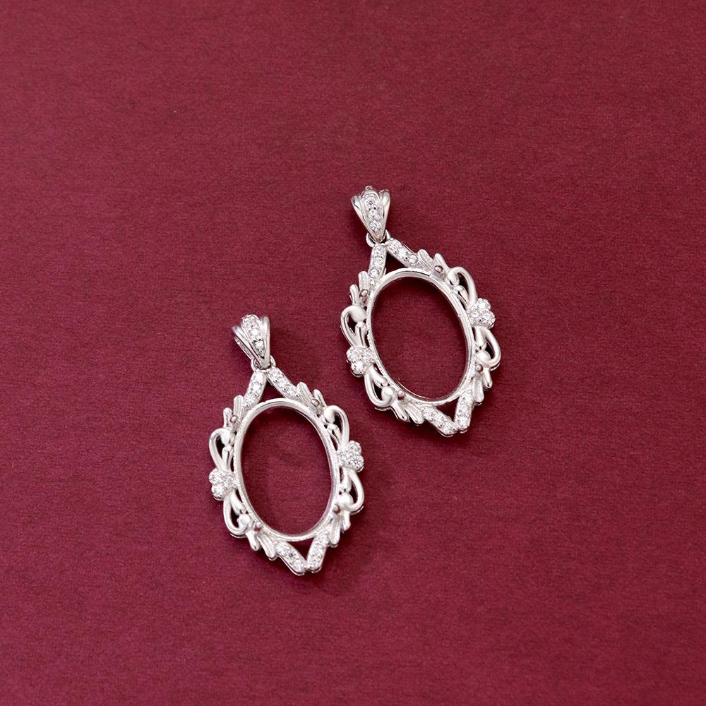 925 Sterling Silver White Gold Egg-Shaped Pendant Setting, Unset, Exquisite Fashion, Light Luxury, 10x14 mm.
