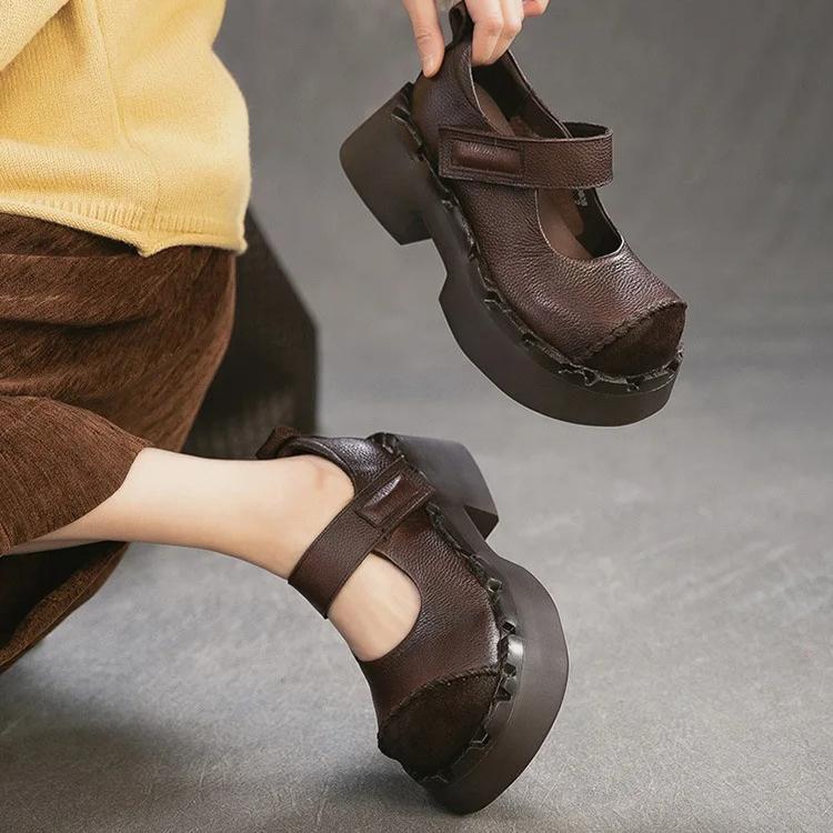 Johnature Genuine Leather Thick Soled High Heels Pumps Fashion Round Toe Women's Platform Shoes