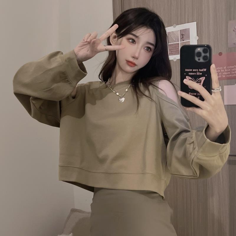 

Осенняя одежда по обе стороны от дизайна Sense Of Niche, толстовка с открытыми плечами, женский пуловер с круглым вырезом, короткий укороченный топ XL абрикосовый