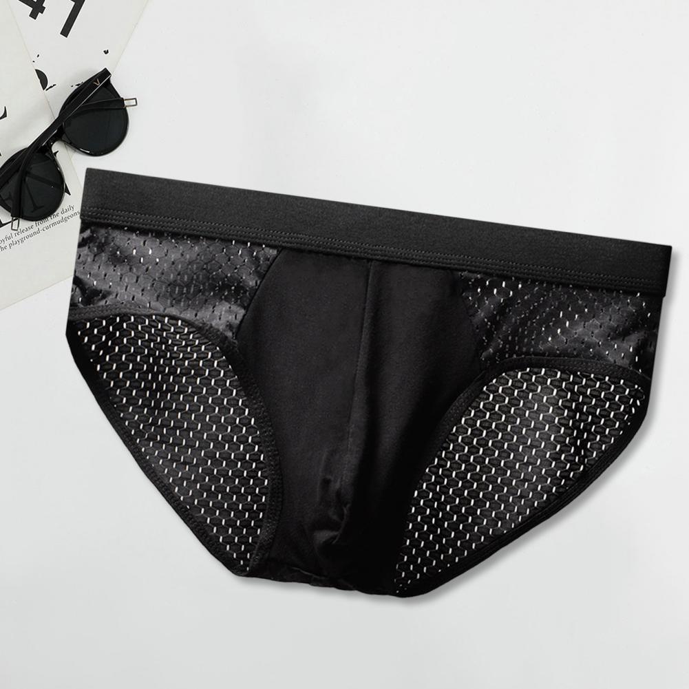 Men Briefs Mid-rise Elastic Waist Mesh Stitching Ice Silk Panties Breathable Solid Color U-Convex Underwear Daily Wear