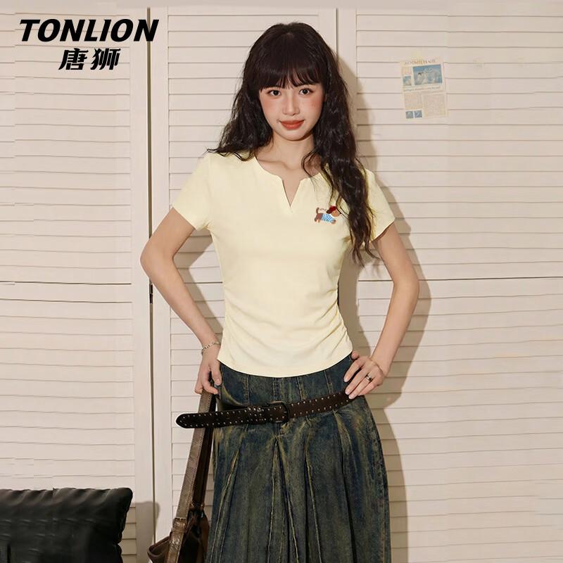 TonLion Women s Slim Puppy Print V-Neck T-Shirt S
