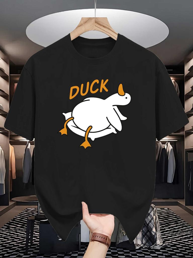 Unisex Crew Neck Tee Lazy Duck Cartoon Letter Graphic Print Soft Cotton Loose Breathable Short Sleeve Summer Casual Street Tops