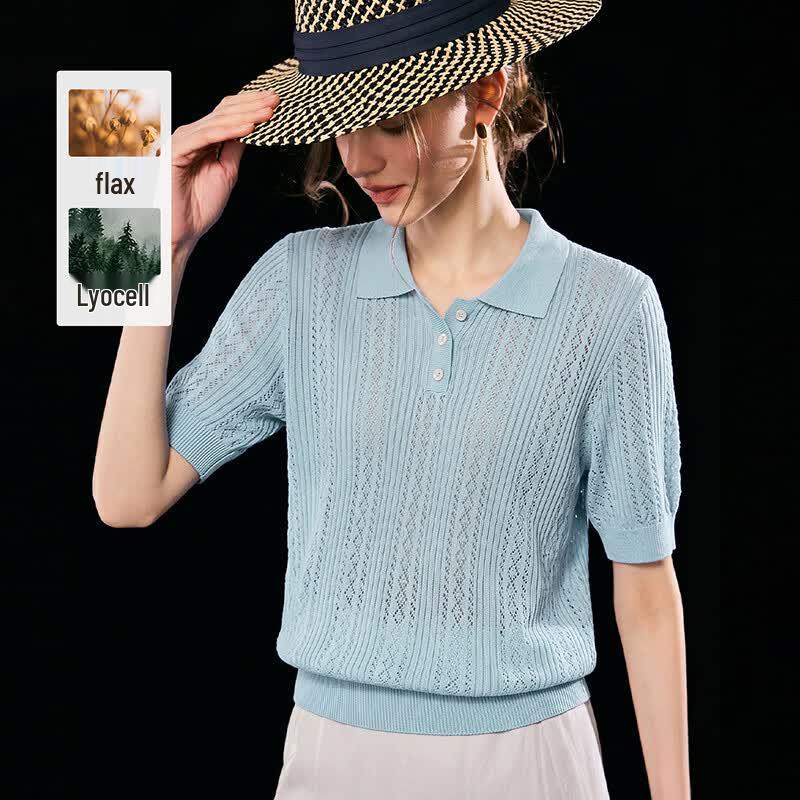 Wudao Women s Old Money Style Tencel Linen Blend Knit Lapel T-shirt M