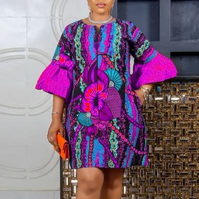 Women Large Size Round Neck Flare Half Sleeve Printed Dresses