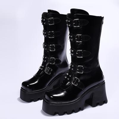 Fashion Women's New Autumn Chunky Mid-calf Boots Round Head Rivet Belt Buckle Thick Sole Anti-slip Wear-resistant High Heel Boots