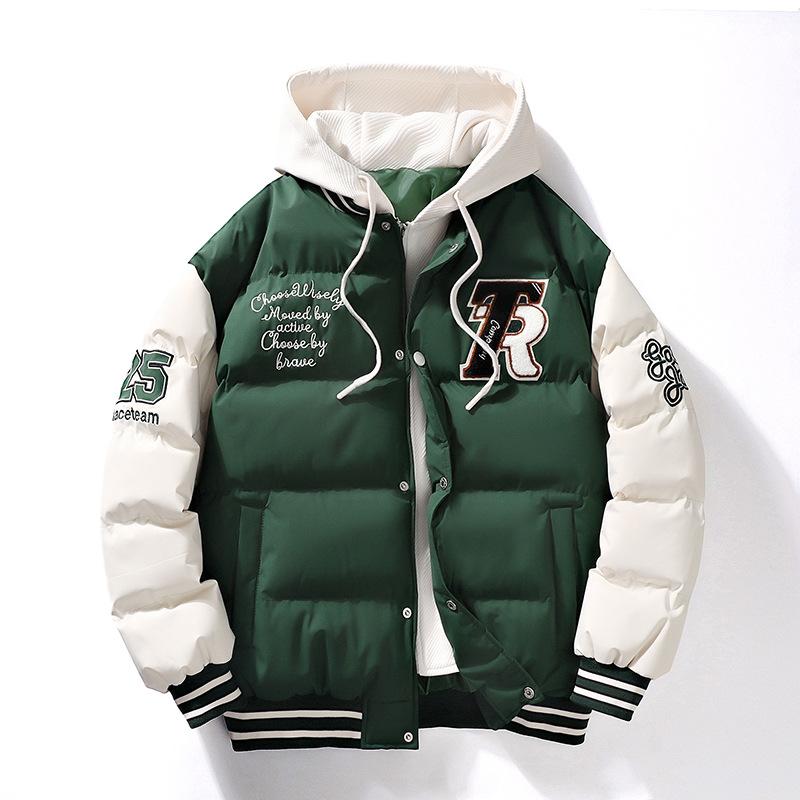 

Men s Winter Fake Two Piece Hooded Jacket Letter Printed Breadclothes M
