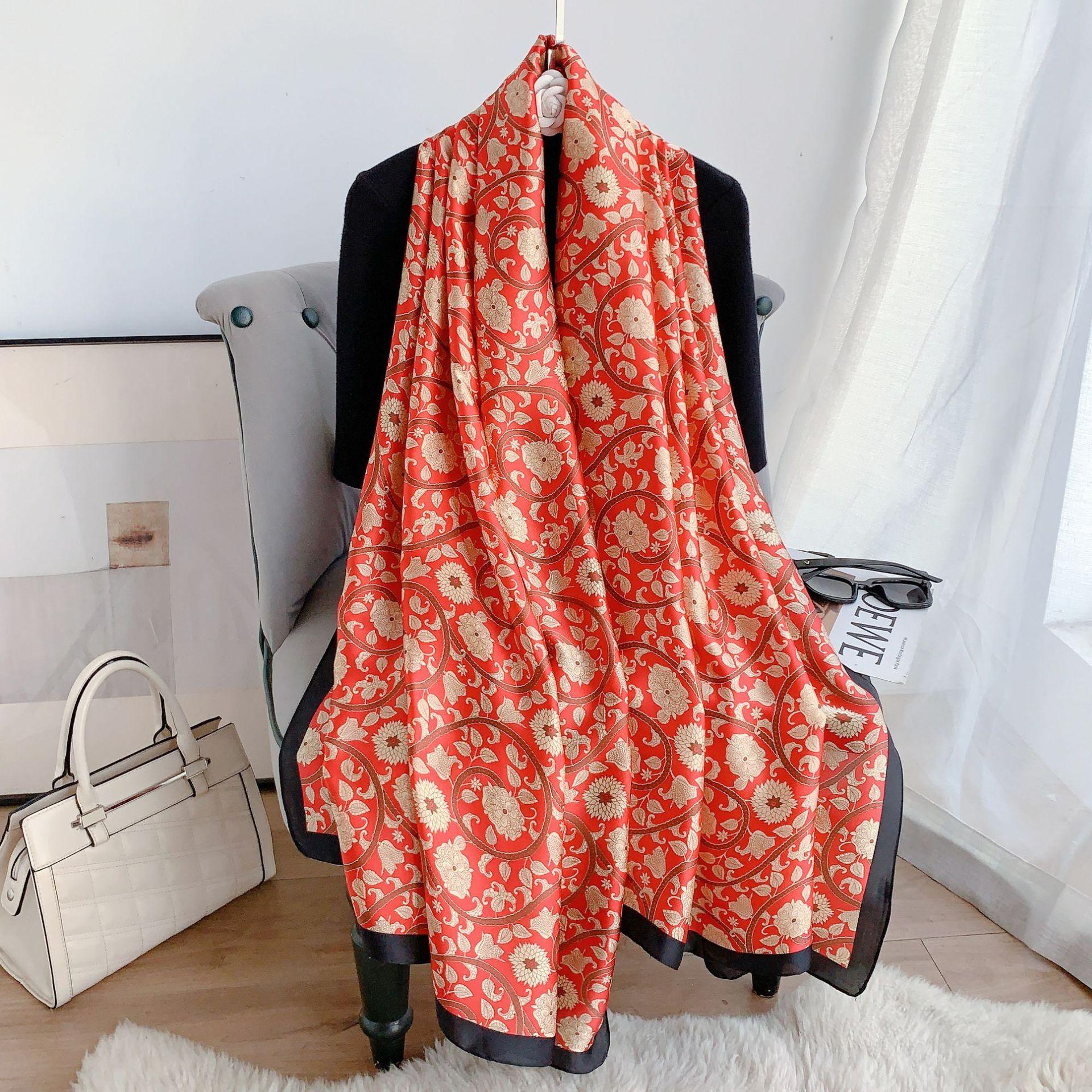 

Шелковый шарф-шаль для женщин - цветочный растительный узор, дышащий и солнцезащитный, декоративный шелковый шарф с напечатанным мастерством 180*90cm