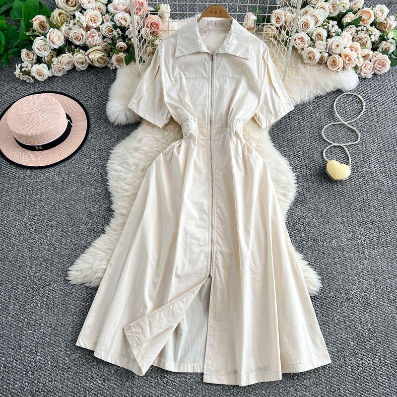 

Платье в стиле Хепберн Женское 2025 Лето Новое Элегантное Королевская сестра Молодое Облегающее талию Стройнящее На молнии Рубашки Длинная юбка Light Beige One size