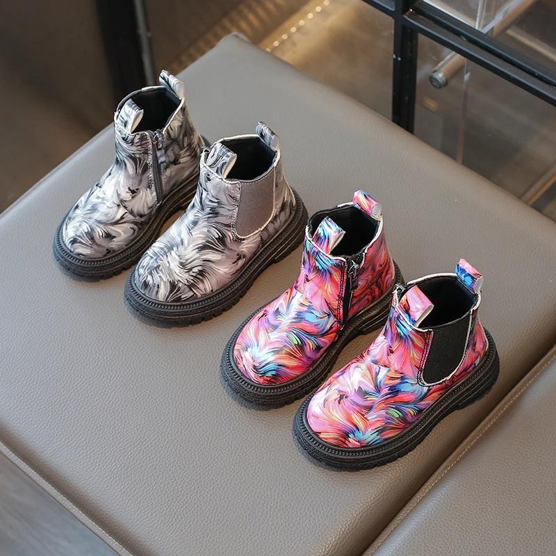 Girls Ankle Boots Kids Chelsea Boots Fashion Flower Prints Rubber Outsole Toddlers Children Fashion Boots 2024 Autumn Winter New