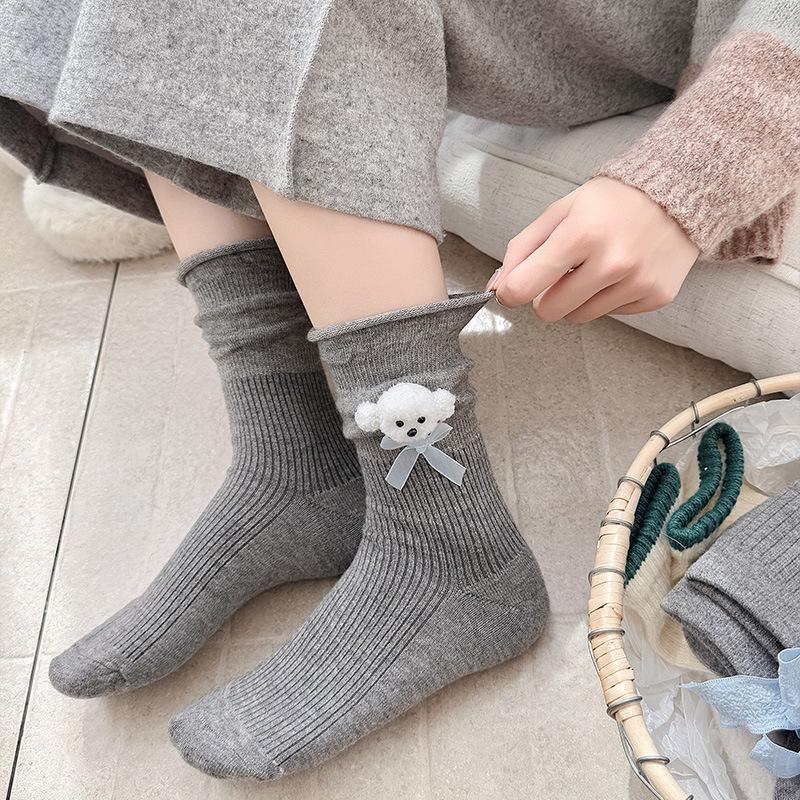 Fall/Winter Gray Warm Fleece Socks - Children's Color-Contrasting Butterfly Knot Mid-Calf Socks with Hollowed-Out Hemp Patterned Layers for Women