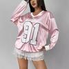 T-shirt Grafica da Donna con Scollo a V, Manica Lunga, Vestibilità Larga, Stampa Numero Lettera, Tunica Larga, Streetwear, Vintage Americano, Camicia Casual