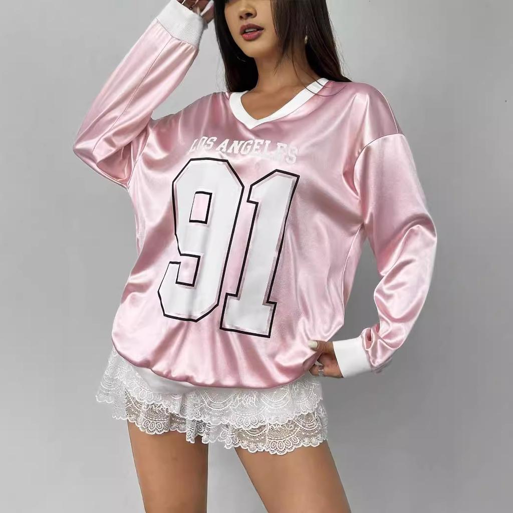 T-shirt Grafica da Donna con Scollo a V, Manica Lunga, Vestibilità Larga, Stampa Numero Lettera, Tunica Larga, Streetwear, Vintage Americano, Camicia Casual