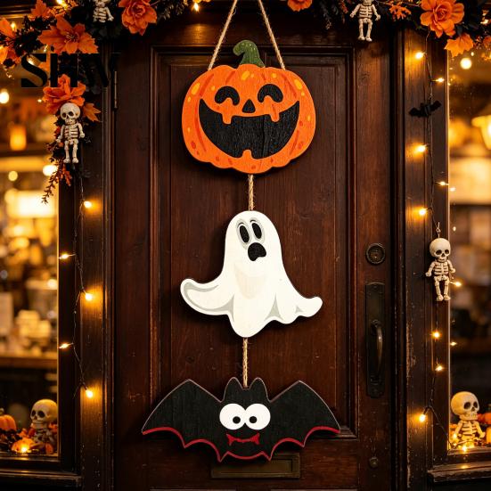 Funny Cartoon Party Wall Decorations Halloween Wooden Hanging Ornament, Jack-o'-Lantern Ghost Bat 3-Tier String Door Hanger, Cute Spooky Festival
