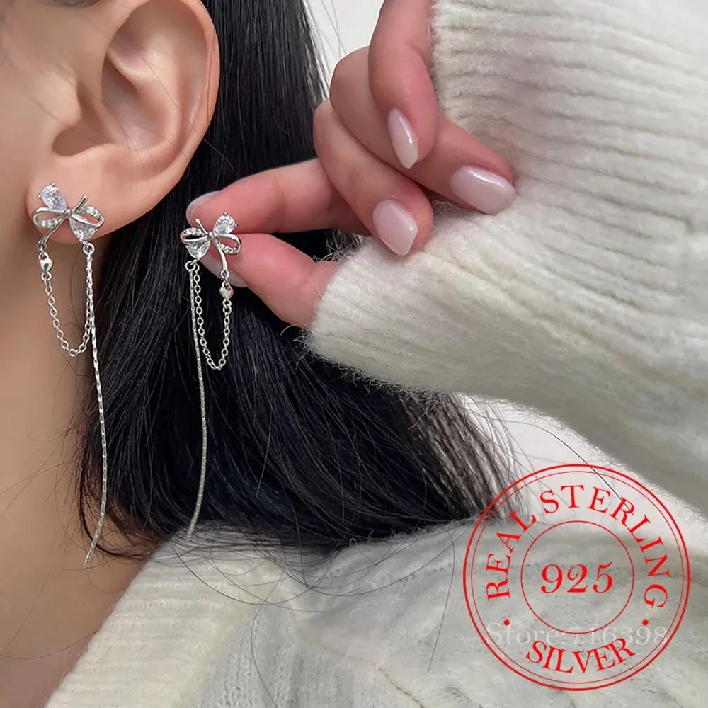 Korean 925 Sterling Silver Crystal Bowknot Long Crystal Stud Earrings For Women Wedding Party Jewelry Gift Female Pendientes