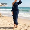 Talos Women's One Shoulder Asymmetric Ruffle Satin Dress, Formal Evening Party Gown, Long Sleeve Ruched Bridesmaid Dress