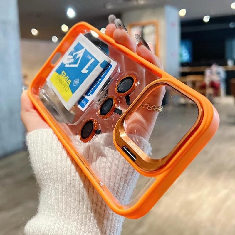 Clear Lens Metal Ring Stand Phone Case For IPhone 16 15 14 13 12 11 Pro Max Plus Camera Glass Protection Transparent Cover