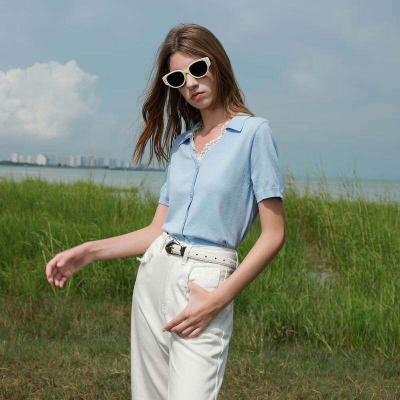 Sancai Damen Strickoberteil mit V-Ausschnitt, kurzen Ärmeln und Spitzenbesatz