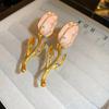 Gold Plated Enamel Tulip Long Dangle Earrings With Rhinestones Alloy Pendant Jewelry For Women Party